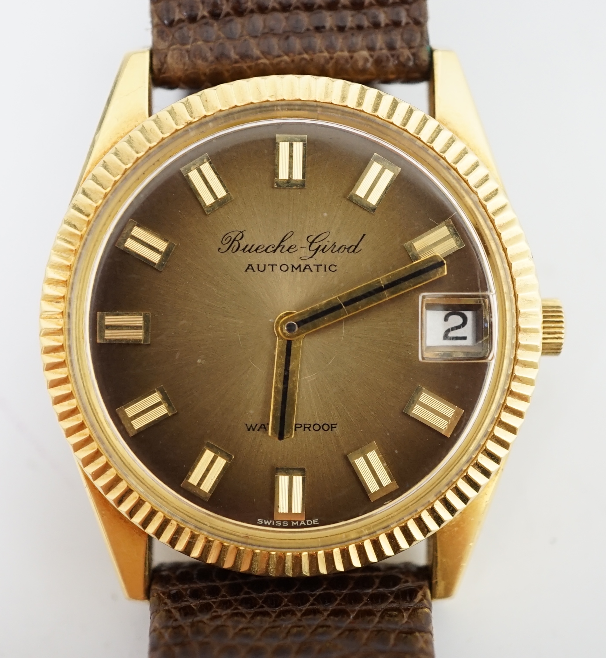 A gentleman's 18ct gold Bueche Girod automatic wrist watch